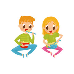 Cheerful little kids sitting on floor and eating breakfast. Bowls full of cornflakes. Flat vector design