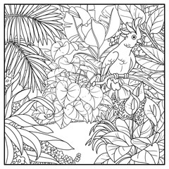 Wild jungle with cockatoo parrot perched on branch black contour line drawing for coloring on a white background