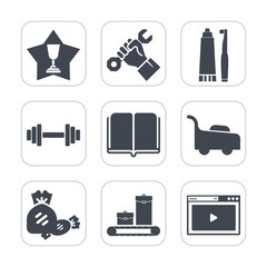 Premium fill icons set on white background . Such as textbook, health, lawn, dental, candy, site, foreman, education, place, mower, toothpaste, industry, builder, web, fitness, library, book, online