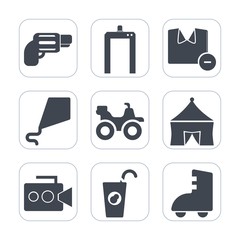 Premium fill icons set on white background . Such as scanner, handle, roller, tent, military, pistol, road, quad, war, diagnostic, male, fruit, weapon, machine, man, health, juice, bike, kite, skating