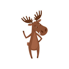 Friendly moose waving paw. Forest animal with large branched horns. Cartoon character of Eurasian elk. Flat vector design