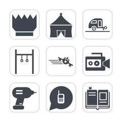 Premium fill icons set on white background . Such as education, departure, caravan, crown, industry, jewelry, sport, equipment, phone, ringing, adventure, tent, vacation, video, literature, journey