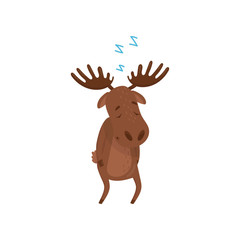 Cartoon character of sleepwalker moose. Wild forest animal. Brown Eurasian elk with large branched horns. Flat vector design