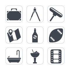 Premium fill icons set on white background . Such as bar, engineering, beverage, travel, cocktail, instrument, roller, brush, movie, entertainment, liquid, sign, ball, drink, glass, drawing, stadium