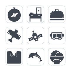 Premium fill icons set on white background . Such as shirt, clothing, water, compass, space, grain, furniture, kitchen, airplane, summer, restaurant, mask, flight, sea, map, station, navigation, wood