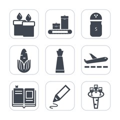 Premium fill icons set on white background . Such as game, strategy, decoration, drink, wine, glass, liquid, pepper, salt, stationery, airplane, literature, textbook, wax, king, fresh, office, food