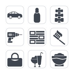 Premium fill icons set on white background . Such as news, coffee, graphic, left, brush, fitness, highway, work, drill, dumbbell, equipment, bus, bowling, construction, health, gym, chef, competition