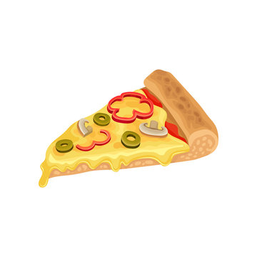 Triangle slice of classic pizza with cheese, tomato sauce, green olives, mushrooms and pepper. Appetizing fast food. Flat vector icon