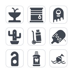 Premium fill icons set on white background . Such as desert, water, safety, hygiene, care, delivery, shipping, monster, green, cargo, dessert, lifebuoy, space, curtain, food, brush, nature, ufo, truck