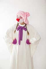mime girl in a snowman costume. Man with emotions on a white background.