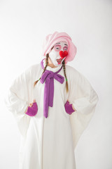 mime girl in a snowman costume. Man with emotions on a white background.