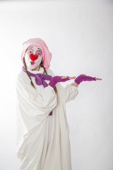 mime girl in a snowman costume. Man with emotions on a white background.