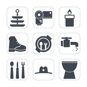 Premium fill icons set on white background . Such as child, kid, lens, flame, photographer, west, digital, percussion, table, wax, food, decoration, equipment, dinner, boot, faucet, christmas, knife