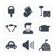 Premium fill icons set on white background . Such as sofa, espresso, house, parachuting, coffee, arctic, table, ice, warm, fashion, jump, music, automobile, food, gray, parachute, sky, car, icecream