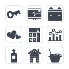 Premium fill icons set on white background . Such as concept, decoration, love, liquid, security, rate, business, real, bottle, drink, energy, holiday, life, shape, charge, heartbeat, glass, battery