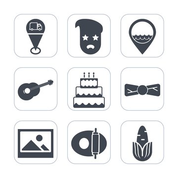 Premium fill icons set on white background . Such as graphic, old, string, fashion, hipster, sweet, electric, kitchen, location, pan, work, bow, person, travel, healthy, job, elegance, pin, fresh, tie