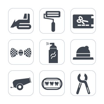 Premium fill icons set on white background . Such as paint, roll, cannon, machinery, discount, bulldozer, service, gift, reparation, graffiti, healthy, dental, hat, hydraulic, work, vehicle, grunge