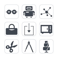 Premium fill icons set on white background . Such as cut, machine, robot, science, digital, sweet, web, fitness, sunglasses, vintage, food, download, summer, sport, dessert, cyborg, future, sign, tool