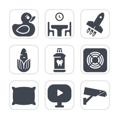 Premium fill icons set on white background . Such as woman, hygiene, animal, home, pillow, camera, cute, rocket, table, brush, time, happy, kitchen, technology, soft, clean, video, duckling, corn, fan
