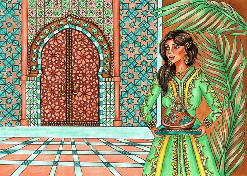 Moroccan woman near ornamental door holding tagine hand drawn illustration