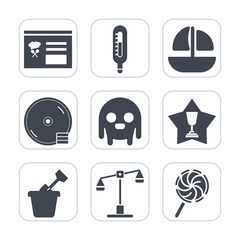 Premium fill icons set on white background . Such as celsius, play, achievement, fiction, ocean, vessel, balance, food, temperature, sweet, first, sand, cd, ufo, sea, lollipop, summer, menu, space