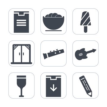 Premium fill icons set on white background . Such as alcohol, guitar, plate, snack, musical, white, glass, window, room, download, interior, frozen, fruit, delivery, frame, ice, dessert, popsicle, pen