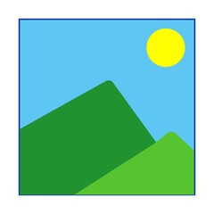 Picture vector icon. Landscape illustration with mountains, sky and sun