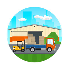 Fototapeta premium Icon of Warehouse on the Background of the City, Transport Services , Forklift Loads or Unloads Boxes from a Truck, Vector Illustration