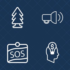 Premium set of outline vector icons. Such as communication, park, bulb, pine, tree, nature, sos, outdoor, lifebuoy, assistance, success, green, creative, forest, idea, landscape, rescue, loudspeaker