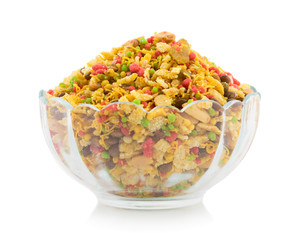 Indian Namkeen Food Navratan Mixture or Navratna Mix Namkeen Also Know As Nimco, Namkin, Mixture or Nimko Isolated on White Background