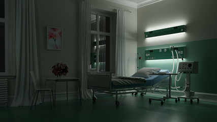 Bett in Krankenzimmer in Krankenhaus bei Nacht