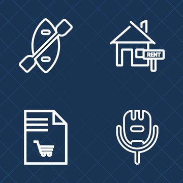 Premium set of outline vector icons. Such as travel, home, paper, sea, canoe, river, song, microphone, supermarket, market, loan, studio, store, sing, sale, property, entertainment, marine, estate