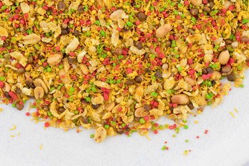 Indian Namkeen Food Navratan Mixture or Navratna Mix Namkeen Also Know As Nimco, Namkin, Mixture or Nimko Isolated on White Background