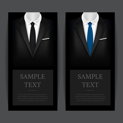 Realistic Detailed 3d Black Suit and Tuxedo Banner Vecrtical Set. Vector