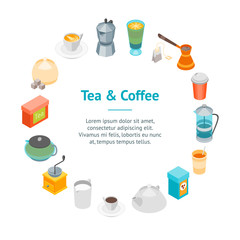 Tea and Coffee Banner Card Circle 3d Isometric View. Vector