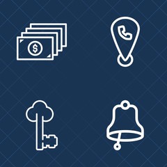 Premium set of outline vector icons. Such as alarm, location, metal, map, bell, old, investment, currency, alert, call, cash, business, object, wealth, sign, hand, house, money, button, finance, phone