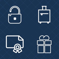 Premium set of outline vector icons. Such as award, tourism, web, present, safety, baggage, certificate, vacation, bow, security, journey, bag, holiday, tour, success, giftbox, template, luggage, gift