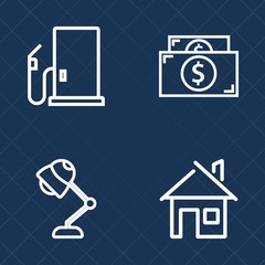 Premium set of outline vector icons. Such as bulb, service, money, dollar, decor, modern, fuel, decoration, architecture, construction, gasoline, real, electricity, estate, coin, station, pump, bank
