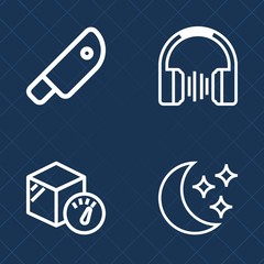 Premium set of outline vector icons. Such as weight, night, moonlight, equipment, delivery, ear, black, service, box, cooking, device, tool, cut, transportation, restaurant, shipping, food, music, sky