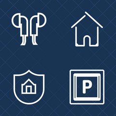 Premium set of outline vector icons. Such as property, headphones, protect, stereo, building, object, door, gadget, digital, sign, house, mortgage, architecture, traffic, residential, housing, vehicle
