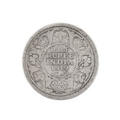 George V King Emperor, Half Rupee India 1919, Indian old Coin or Indian Currency Isolated on White Background