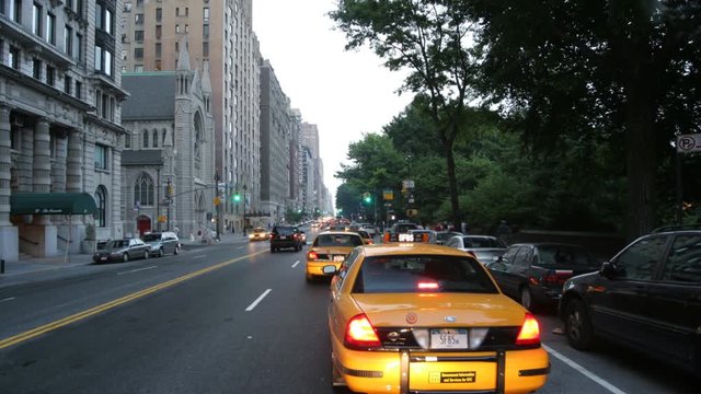 High-speed driver's POV of streets near Columbus Circle, NYC