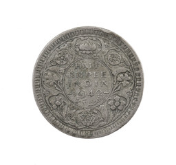 George VI King Emperor, Half Rupee India 1942, Indian old Coin or Indian Currency Isolated on White Background