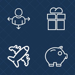 Premium set of outline vector icons. Such as bow, fly, currency, road, holiday, tourism, christmas, airplane, plane, passenger, jet, aircraft, box, xmas, location, aviation, air, direction, map, money