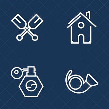 Premium set of outline vector icons. Such as exterior, canoe, rowing, home, trumpet, beauty, wooden, house, housing, bottle, river, instrument, modern, building, real, bugle, water, kayak, property