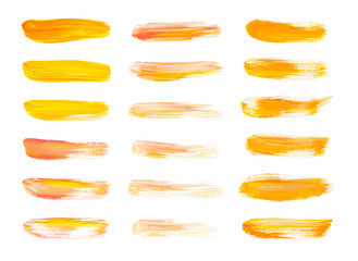 Vector red and gold paint smear stroke stain set. Abstract gold glittering textured art illustration. Gold Texture Paint Stain Illustration. Hand drawn brush strokes vector elements. Color of Spain.