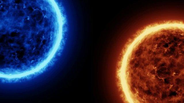 4K Realistic Sun and Blue sun surface with solar flares, Burning of the sun isolated on black with space for your text or logo. Motion graphic and animation background.