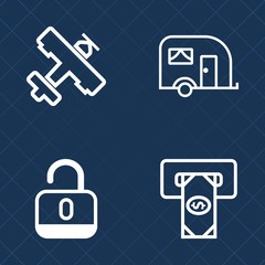 Fototapeta premium Premium set of outline vector icons. Such as protection, sky, atm, shipping, commercial, safety, transportation, truck, jet, aircraft, open, white, padlock, traffic, cargo, car, aviation, cash, bank