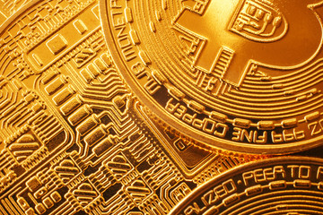 shiny golden bitcoins pattern, gold money wallpaper. digital currency, bit coin close up, cryptocurrency concept.space for text, digital money investment. technology  network currency