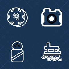 Obraz premium Premium set of outline vector icons. Such as transport, heap, ship, marine, salt, game, photographer, bet, equipment, film, risk, vessel, picture, technology, camera, ingredient, white, salty, vegas